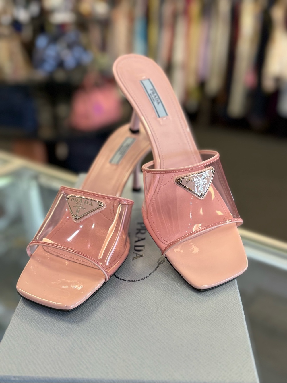 Prada Pink Patent Slide Mules with Triangle Logo - Picture 8 of 8